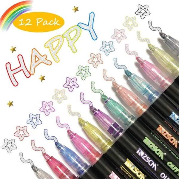12 Colors Metallic Marker Outline Pen Glitter Colorful DIY Album Scrapbooking Marker Pen for Christmas Drawing Painting Set 201211