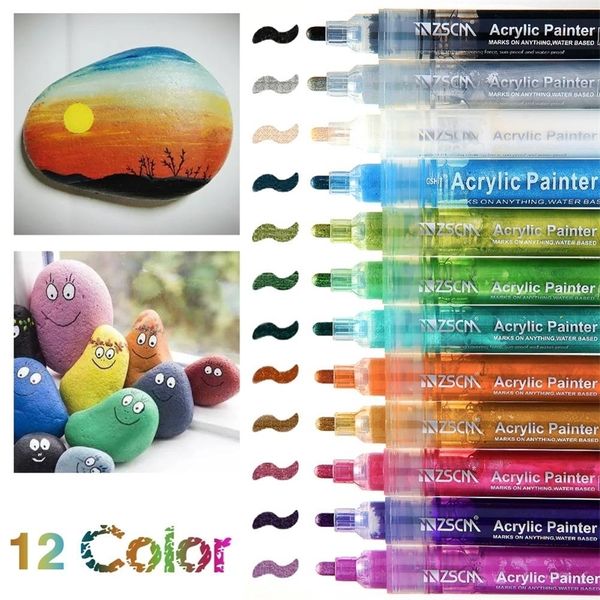 12 Colors Permanent Marker Acrylic Paint Marker Set for Wood Tyre Car Metal Fabric Plastic Round Fine nib 2mm Water-based Pens 201211