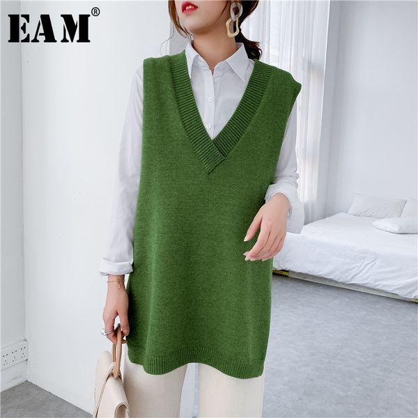 EAM Green Yellow Big Size Knitting Sweater Loose Fit VNeck Sleeveles Pullovers Fashion Autumn Winter 1Y211 201017