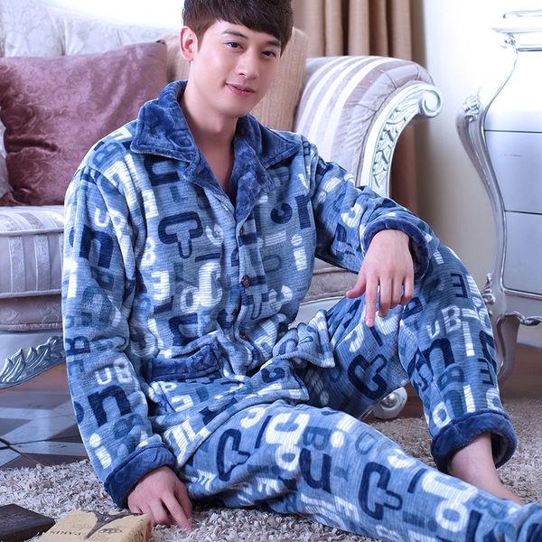 Male Coral Fleece Pajamas Men&#039;s Thickening Flannel Long Sleeves Homewear 2pcs Coral Velvet Nightwear Plus Size Sleepwear D2078 201109