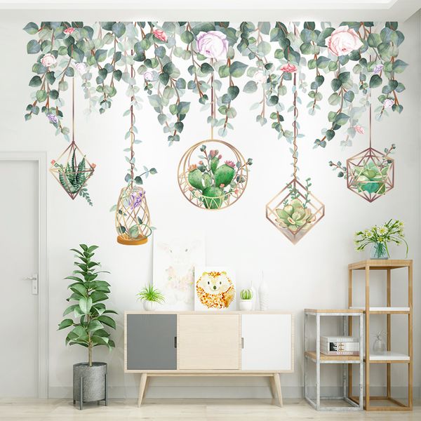 [shijuekongjian] Green Leaves Wall Stickers DIY Succulents Plants Wall Decals for Living Room Bedroom Kitchen House Decoration 201130