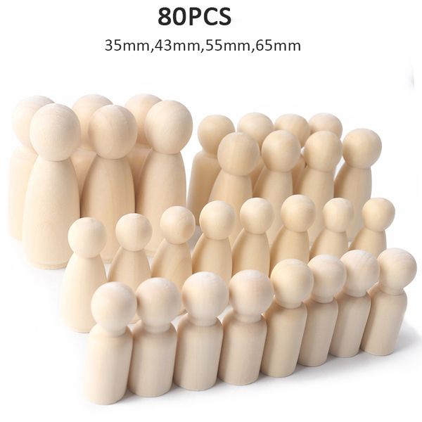 80PCS 55mm 65mm Wooden Blanks Mini Unpainted Peg Dolls Wood Decoration Figures DIY Natural Wooden Crafts Family Wooden Peg Dolls 201201