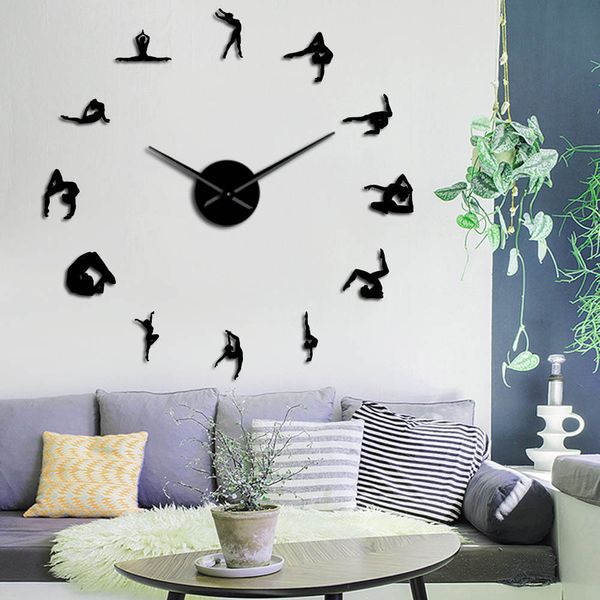 Gymnastics Girls Silhouette Acrylic Mirror Sticker DIY Wall Clock Sport Lover Athlete Home Decor Quartz Clock Battery Operated LJ201204