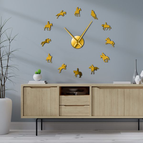 Frameless Equestrian 3D DIY Wall Clock Modern Sports Horse Race Acrylic Mirror Surface Clock Watch Horse Riding Creative Show LJ201204