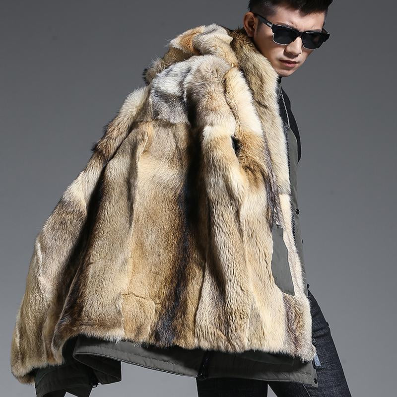 Wolf Fur Coat Men Winter Warm Fur Coats Hooded Long Style Jacket Thick Real Fur Coat Natural Mens Winter Thermal Outerwear