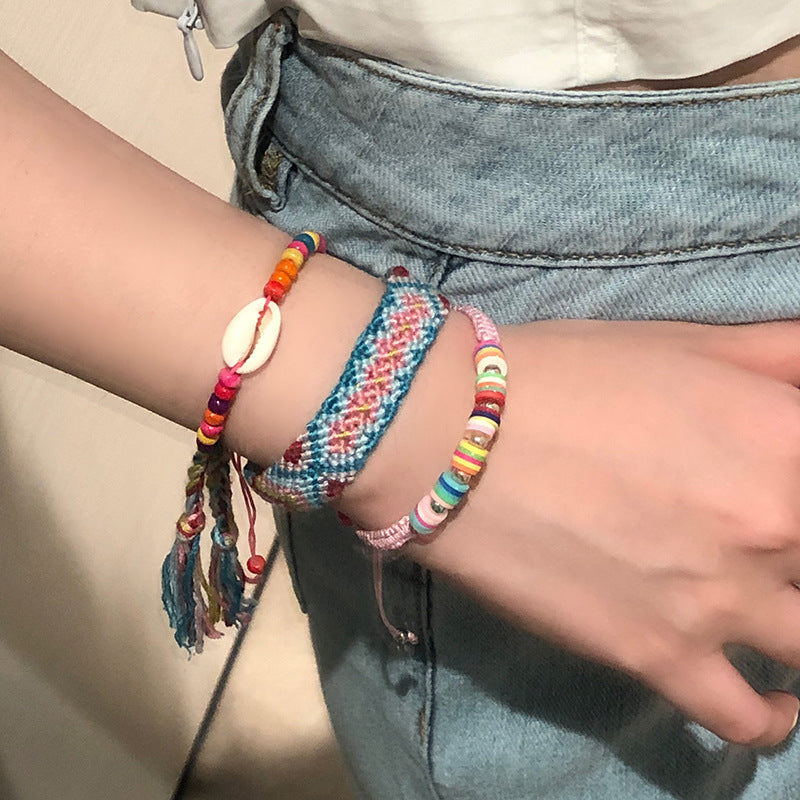 High Quality Bohemia Handmade Woven Bracelet Fashion Personalized Color Lady Bracelet Shell Soft Clay Hand Rope