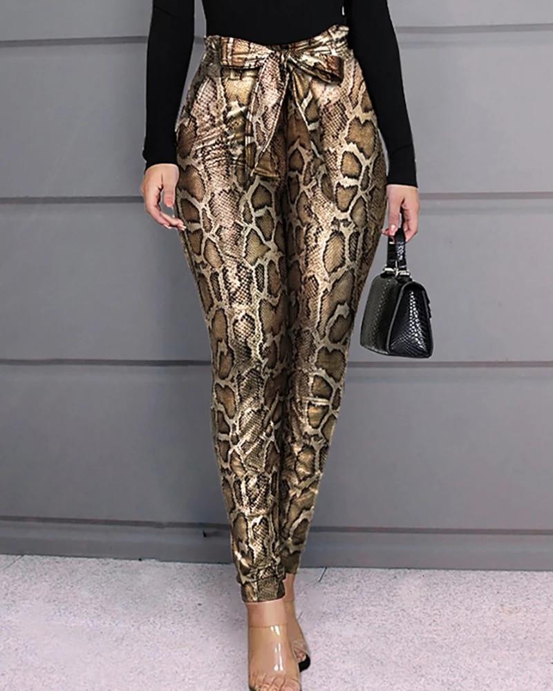 Women Pants High Waist Snake Skin Print Leggings Stretchy Skinny Pencil Trousers Lace-up Bownkot Bodycon Slim Pant
