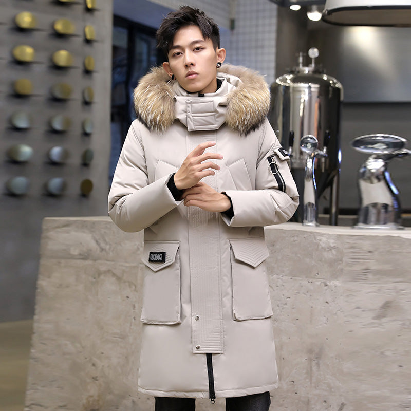 Beige New Over-The-Knee Long Down Jacket Han Edition Handsome Male Duck Down Park Youth Heavy Hair Coat Collar With Thick Winter Coat