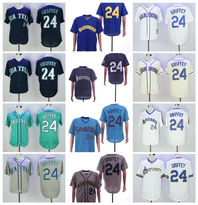 1984 1995 Vintage Retire 24 Ken Griffey Jr Baseball Jersey Men All Stitched Flexbase Pullover Cool Base Cooperstown Navy Blue Green White
