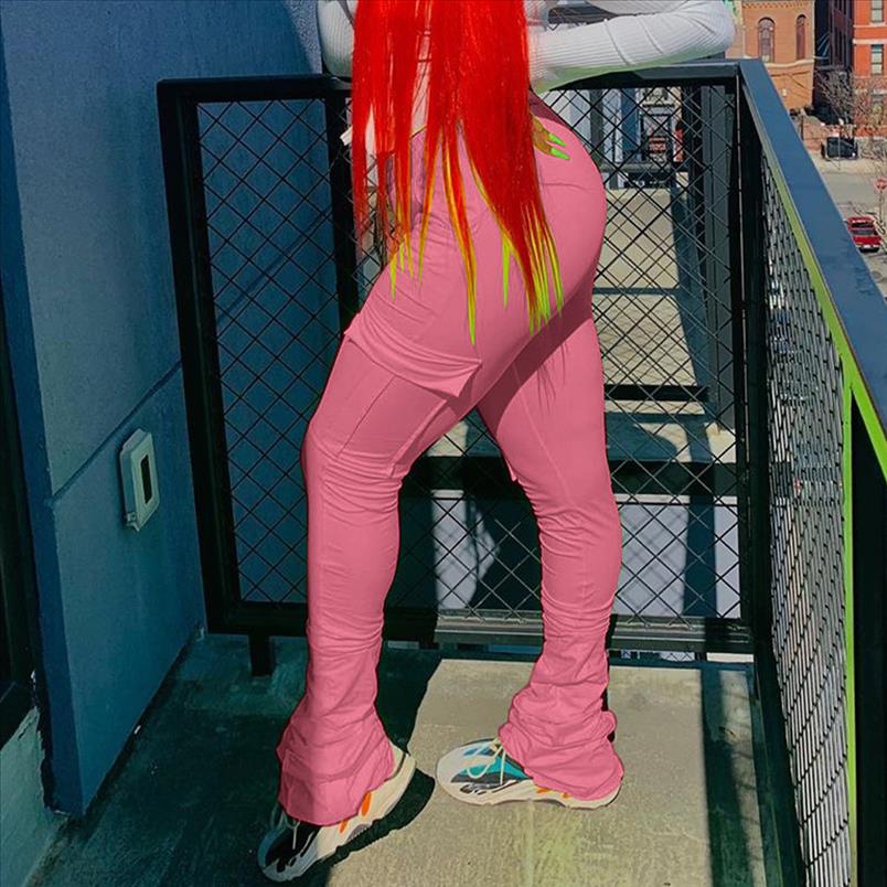 Flare Cargo Pants Women High Waist Pockets Ruched Pleated Stacked Leggings Trousers Pant Sweatpants Bottom Trouser