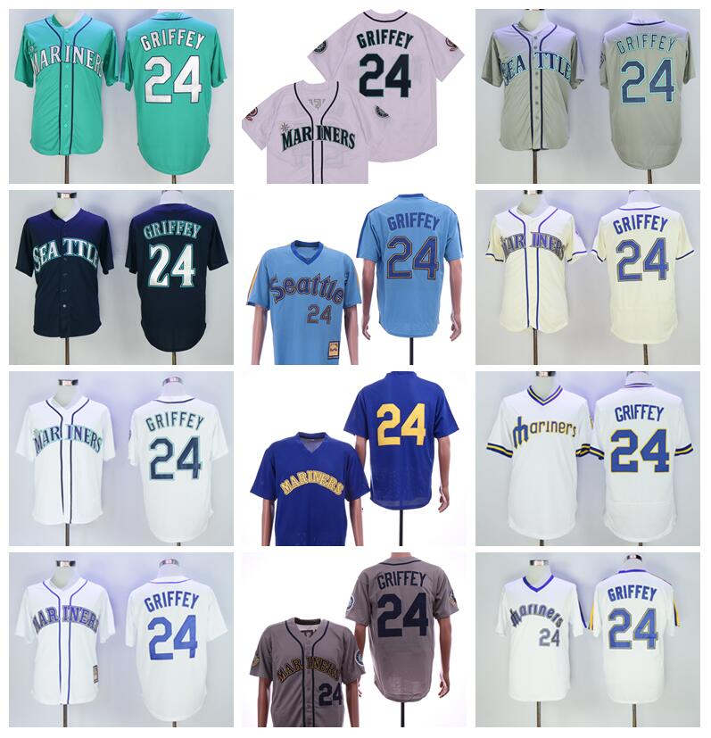 1984 1995 Retire 24 Ken Griffey Jr Vintage Baseball Jersey Flexbase 2016 Cool Base Pullover Embroidery And Sewing Blue Green White Navy Blue