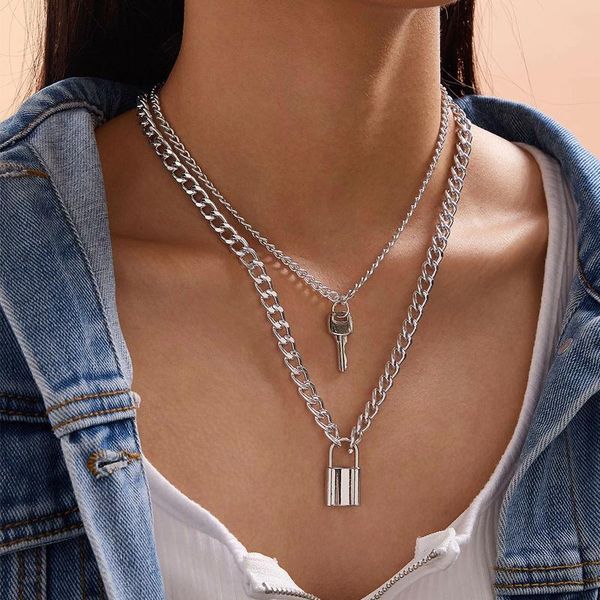 Chokers 2021 Fashion Punk Double Chain Golden Lock Key Pendant Statement Choker Necklace For Women Girl Bridal Party Jewelry Gift