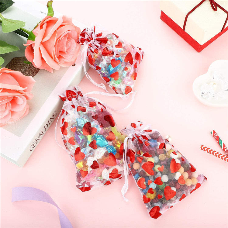 Heart Organza Bags Gift Wrap Jewelry Pouch Mesh Drawstring Pouches Wedding Favors Bag Candy Gift for Valentine&#039;s Day Breast Cancer Awareness Fe