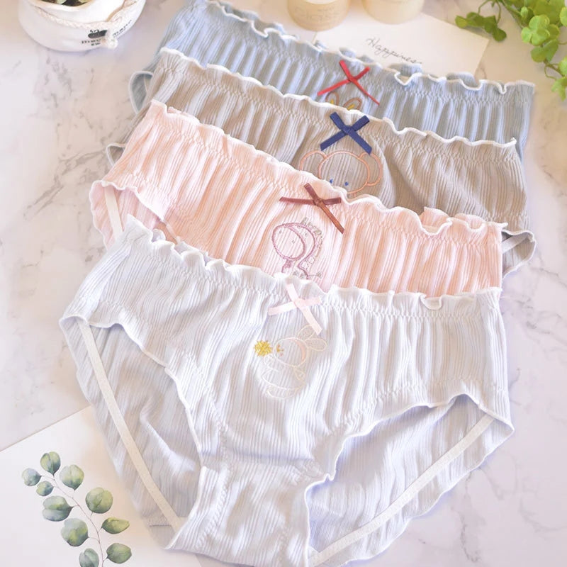 New Women Cute Animal Embroidery Menstrual Panties Student Cartoon Design Reffles Underwear Bow Women&#039;s Cotton Briefs Lingerie