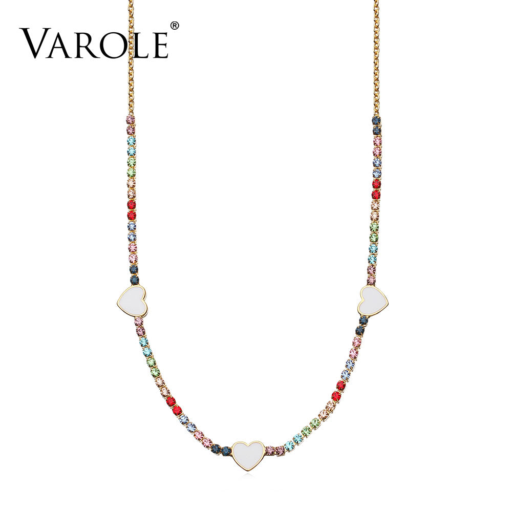 VAROLE Lovely Heart Choker Necklace Colorful Crystal Link Chain Necklaces Pendants Copper Necklace for Women Collier