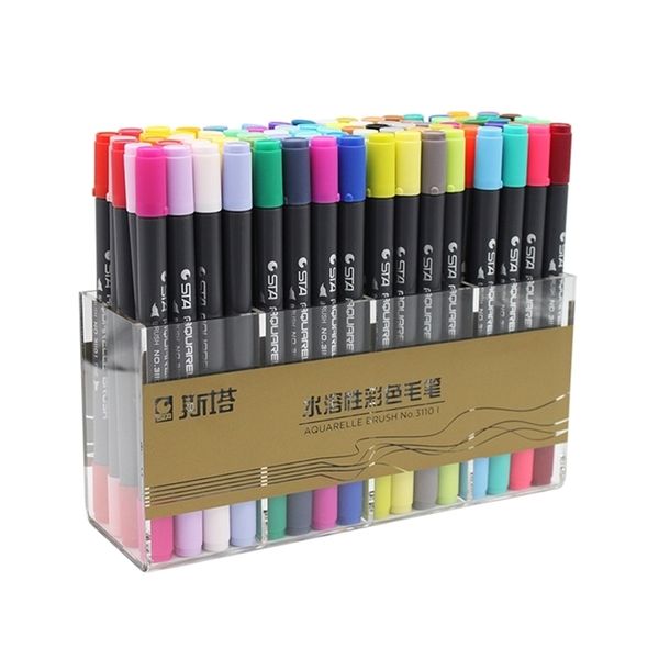 JIANWU 12 24 36 48 80Colors-Set STA3110 color soft brush Cartoon scriptliner Water Mark pen Double pens Drawing supplies 201212