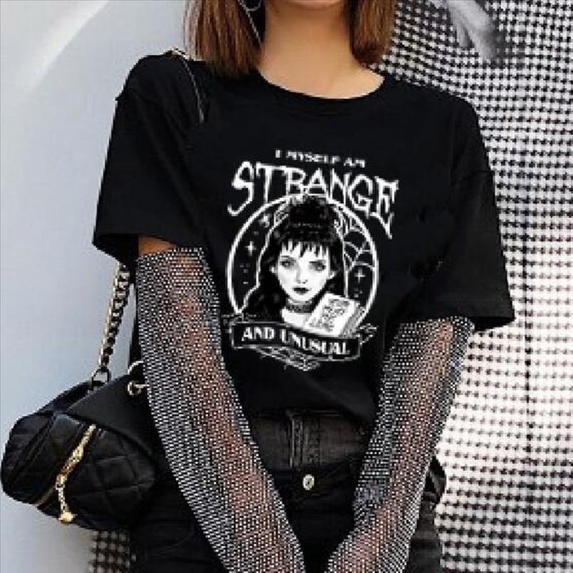 1pcs Cool Fashion T Shirt Beetlejuice I Myself Am Strange And Unusual Black Shirts Women Cute Grunge Gothic Tee Halloween Witch