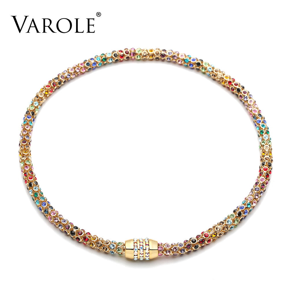 VAROLE Colorful Crystal Mesh Chain Choker Necklace Women Gold Color Chunky Necklaces Fashion Jewelry Party Collier