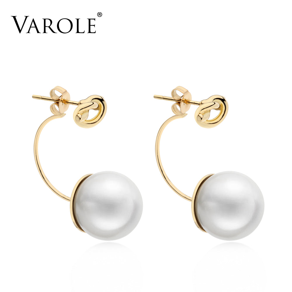 Varole New Arrival big pearl Gold Color Stainless Steel Earrings for Women C Shape knotted pearl Hoops earrings jewelry Wholesale