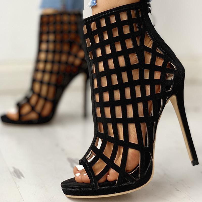 Boots 2021 Women Flock Macrame Shoes Autumn Spring Med Heel Peep Toe Ladies Hollow Out Office Work