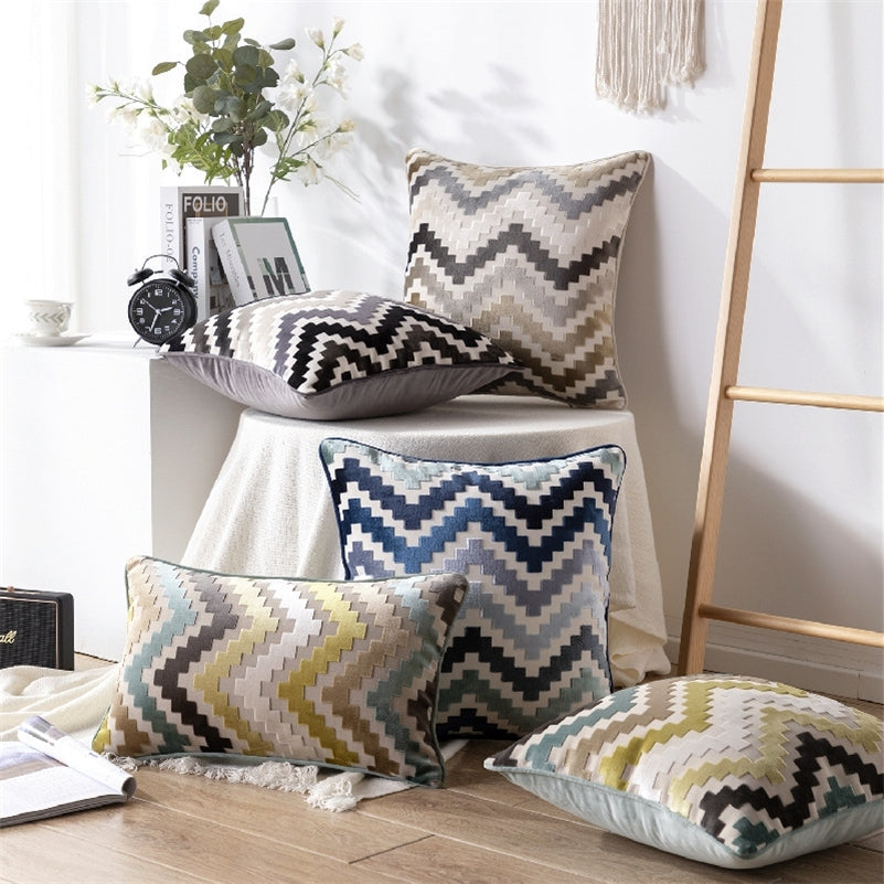 Velvet Cushion Cover Soft Pillow Cover Zigzag Grey Coffee Blue Durable Thick Home Decorative for Sofa Bed 45x45cm-30x50cm-50x50c LJ201216