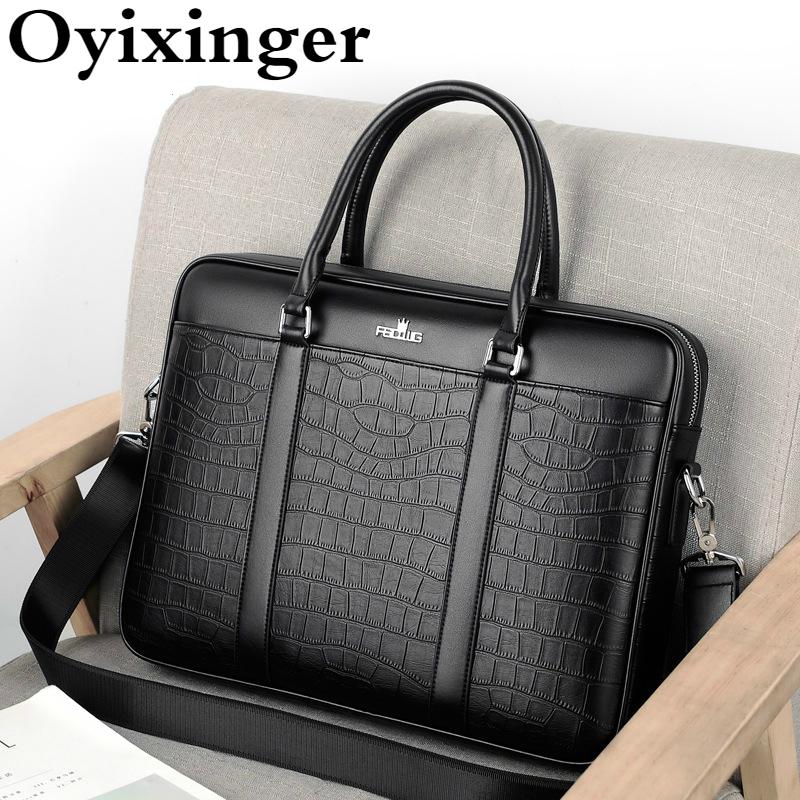 Briefcases Oyixinger Men&#039;s Bag Fashion Business Briefcase For Men Crocodile Pattern Leather Handbag 14inch Laptop Casual Shoulder Bags