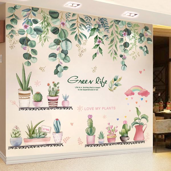 Green Leaves Wall Stickers DIY Potted Plant Wall Decals for Living Room Kids Bedroom Nursery Home Decoration 201201