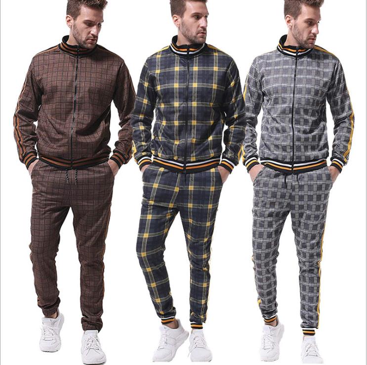 Men Sweatsuits Casual Plaid Pattern Mens Tracksuits All Season Jacket + Joggers Running Outerwear Men&#039;s Outfits Fashion Sets