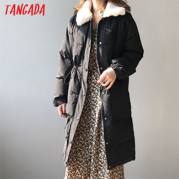 Tangada Women Fur Collar Oversize Long Parkas Thick Winter Long Sleeve Pockets Female Warm Overcoat ASF75 201217