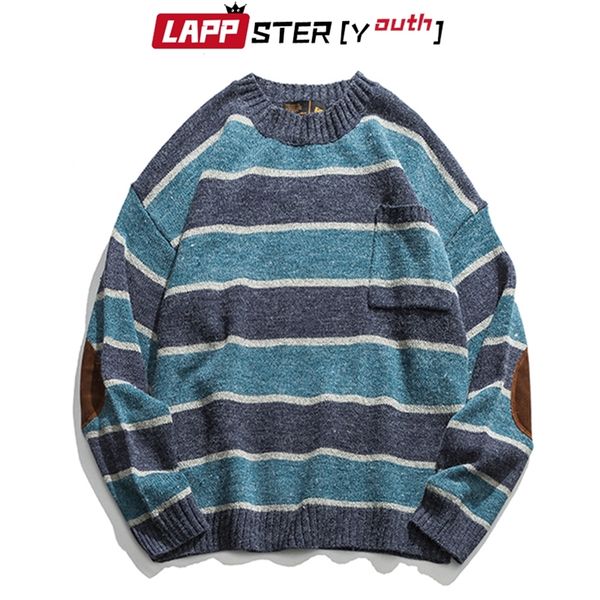 LAPPSTER-Youth Men Patchwork Vintage Striped Sweater Mens Winter Blue Sweater Pocket Women Oversized Kpop Fashiosn Clothing 201222