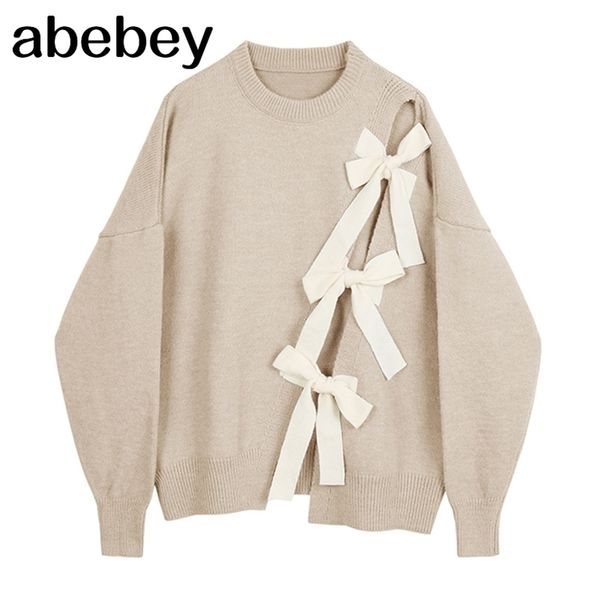 Apricot Bow Big Size Knitting Sweater Loose Round Neck Long Sleeve Women Pullovers New Fashion Autumn Winter 1DA814 201222