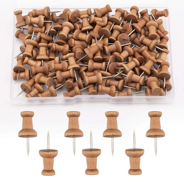 100 Pcs Wood Push Pins, Walnut, Standard, Wooden Thumb Tacks Decorative for Cork Boards Map Photos Calendar and Home Office Craft Projects w