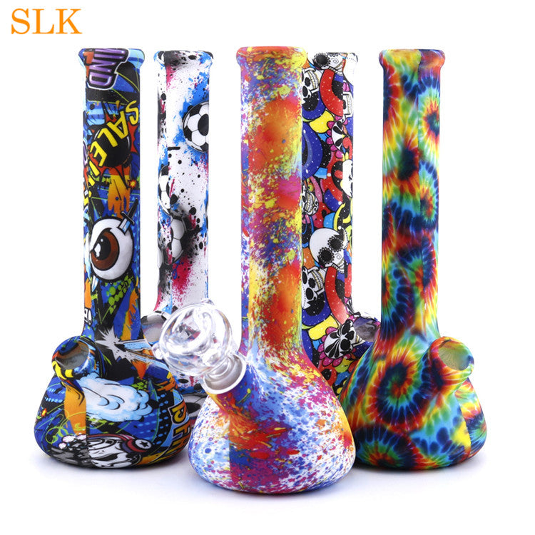 8.6&#039;&#039; mini beaker water pipes hookah straight bong non fading colorful pattern silicone bongs glass oil burner dabs rig water bubbler 420