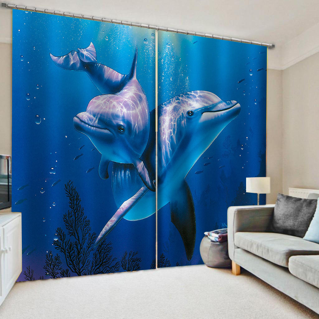 Luxury Blackout 3D Window Curtains For Living Room Bedroom Customized size blue ocean dolphin curtains stereoscopic curtains