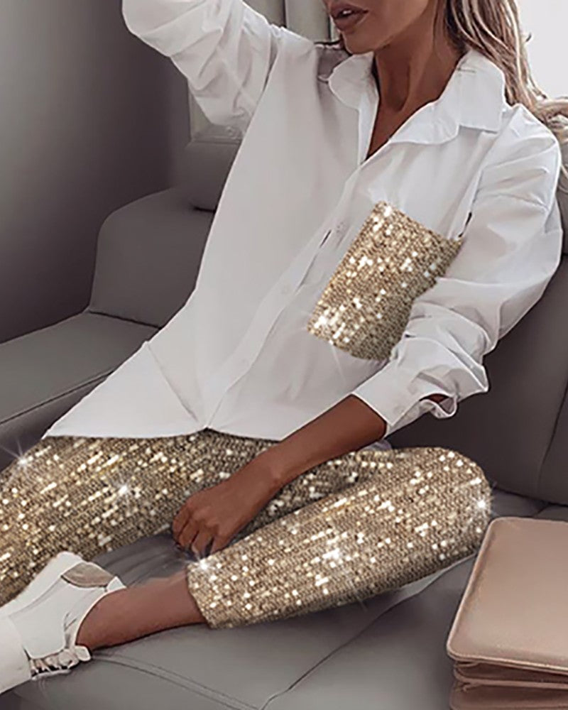 Women Sequin Long Sleeve Shirts Glitter Shiny Pant Sets Two piece set shirt + trousers