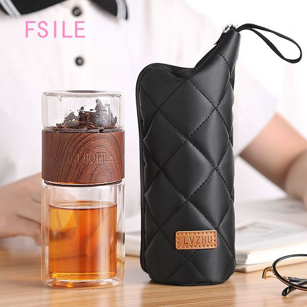 FSILE Fashion Classic Tea Separation Tea Cup Female Portable Leak-proof Double-layer Glass Household Transparent Cup Filter Cup LJ200821