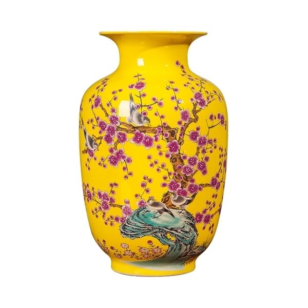 Jingdezhen ceramic yellow vase decoration new Chinese classical living room TV cabinet home decoration flower arranging vase LJ201208