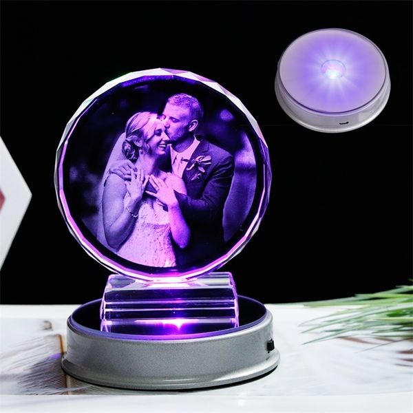 Customized Crystal Photo Frame Colorful LED Base Laser Engraved Picture Souvenir Gift Personalized Glass Wedding Photo Frame 201211