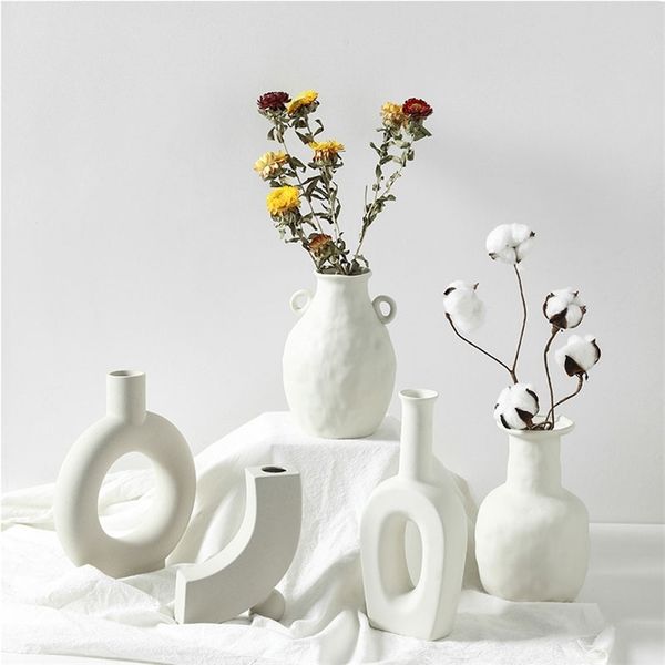 Nordic Ins Ceramic Vase Home Decoration Ornaments White Vegetarian Ceramic Flower Pot Art Vases Home Decorations Crafts Gifts LJ201209