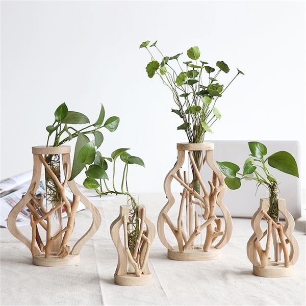 Pure Handwork Wooden Vase Decorated with Solid Wood Flower Pot for Water Planting Creative Home Decorative Vase LJ201209
