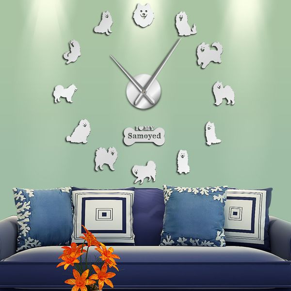 Samoyed Dog Breed Portrait DIY BIG Wall Clock Frameless Puppy Pet Acrylic Mirror Surface Wall Sticker Mute Wall Watch Home Decor LJ201204