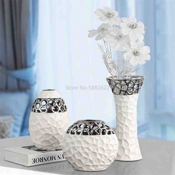Ceramic Vase white silver Openwork pattern flower vase Europe Living Room Decoration Home Decor flower Vase Decorative ornaments LJ201209