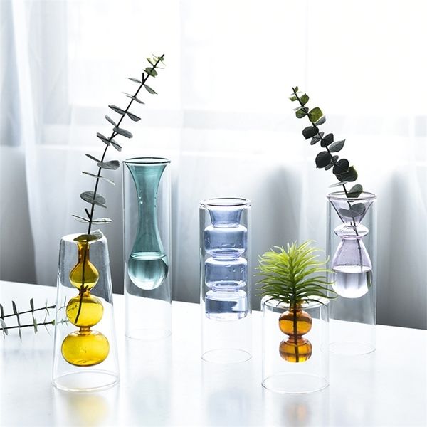 Creative Nordic Glass Vase Flower Ware Crystal Ball Transparent Double-Layer Stained Hydroponic Flower Home Desktop Decoration LJ201209
