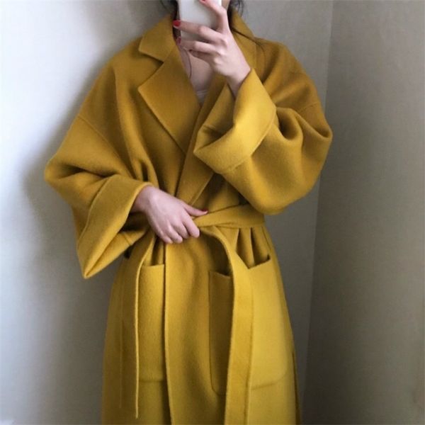Women yellow Elegant Winter wool Overcoat Long Bandage Woolen Coat Cardigan Loose Plus Size outwear with pocket turn down collar 201103