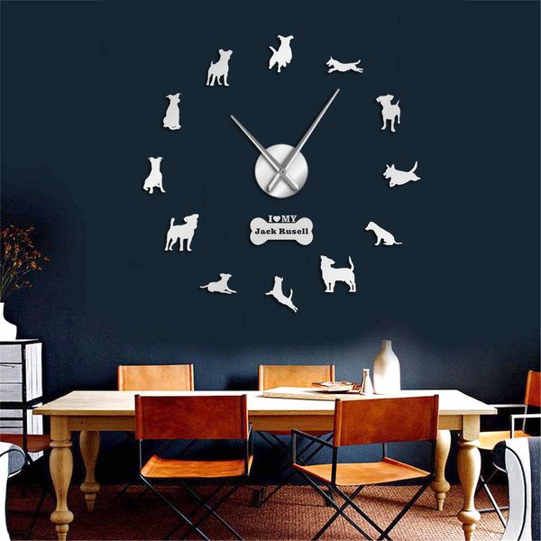 Fox Hunting Dog Jack Russell Terrier Large Size Contemporary Wall Clock Small Terrier Dog Breed Gift Mirror Effect DIY Wall Art Y200109