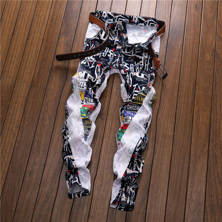 Men Jeans With Colorful Print Patchwork Night Club Denim Pant Trousers Female Punk Pants Skinny Hip Hop Jean
