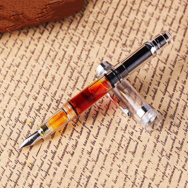 Fountain Pens Wholesale New Wingsung 698 Transparent Piston Wing Sung Ink WritePen Iridium 0.38-0.5mm Gold Silver Clip With Gift Box Office