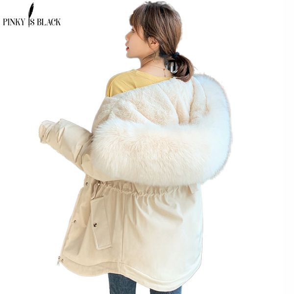 PinkyIsBlack Ladies Wool Liner Thicken Hooded Parkas Women Slim With Big Fur Collar Outerwear Autumn Winter Jacket Women Coat 201019