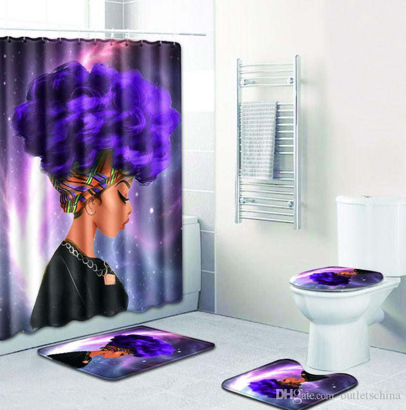 New bathroom sets carpet rug Shower curtain African woman Toilet seat cover bathroom non-slip carpet and shower curtain US
