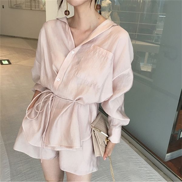 Summer Women pant suits set Lace up two piece set outfits Ice Silk Smooth Casual Solid Color Office lady set T200701